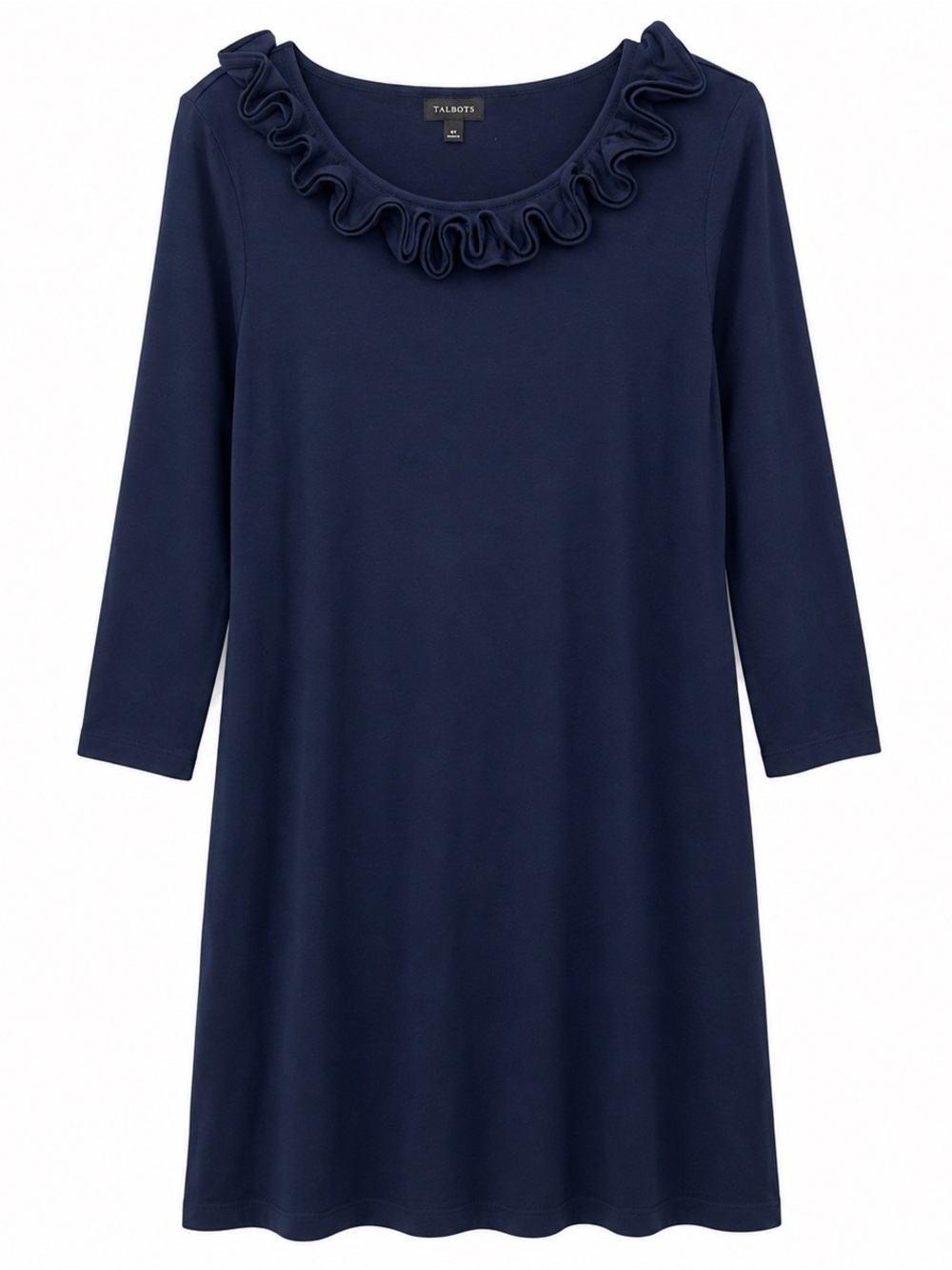 Talbots Navy Blue Ruffle Neck Dress Small 3/4 Sleeve Knit Swing Shift Dress Soft